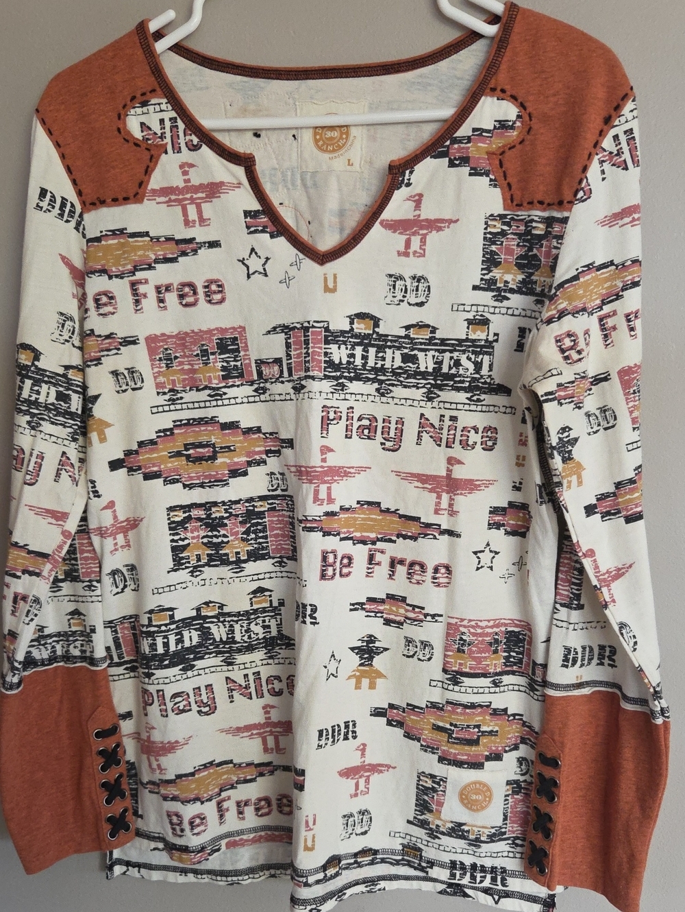 Double D Ranch Cream, Rust & Black Graphic V-Neck Tee